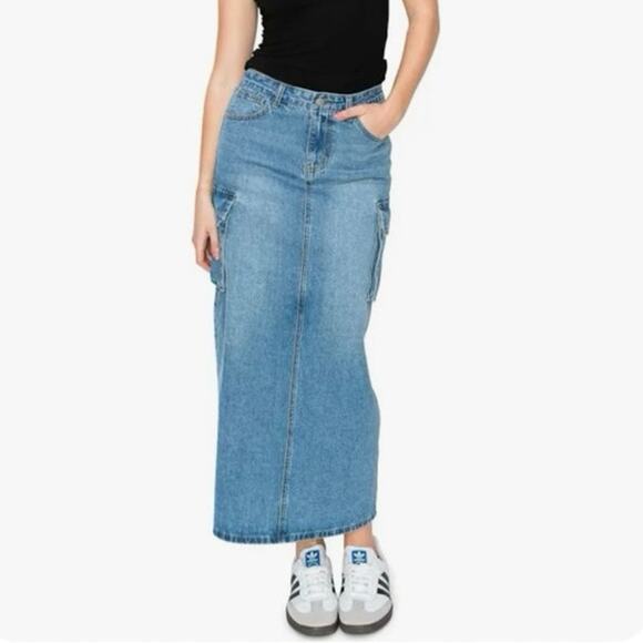 Rewash NEW Cargo Maxi Skirt Blue Vintage Wash Split Back Junior Size 7 / 28 - Picture 1 of 10